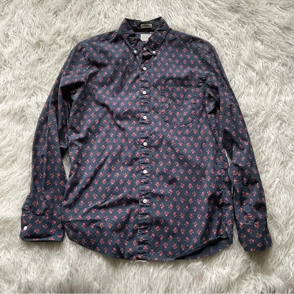 J CREW Slim Stretch Secret Wash Floral Sport Shirt‎ In Navy - Picture 2 of 5